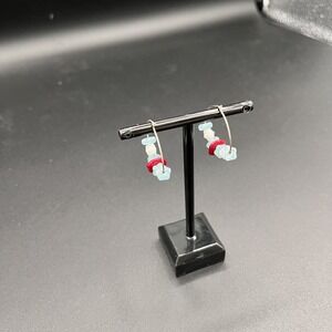 Vintage Hoop Earrings Silver Tone Multi Stone Red White Blue Handmade Dangle
